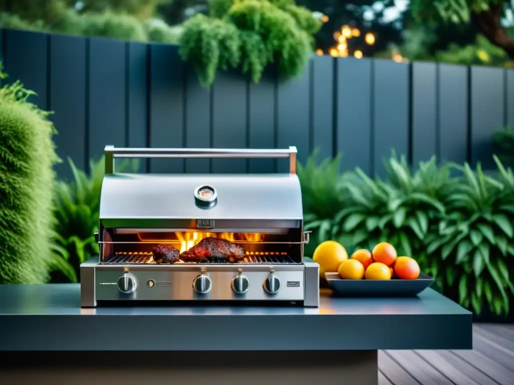 Un elegante asador de alta gama en acero inoxidable, destacado en un lujoso patio exterior