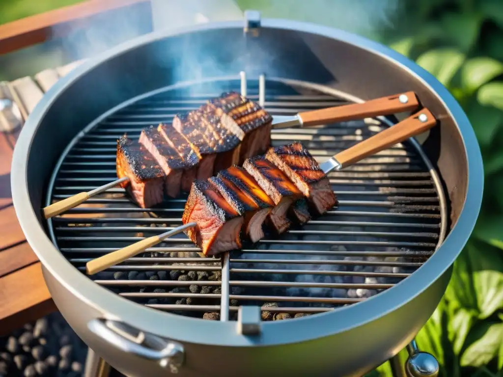 Un elegante y detallado set de accesorios para asado uruguayo premium en una parrilla de acero inoxidable, bajo la luz del sol en un jardín verde