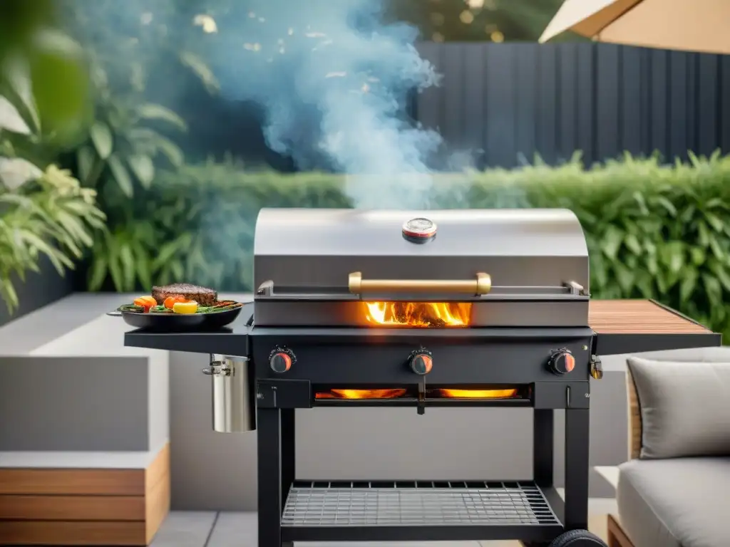 Un elegante encendedor de carbón en una parrilla de lujo en un patio rodeado de vegetación, bañado por la suave luz dorada