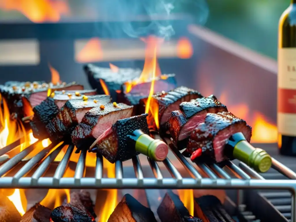 Elegante escena de barbacoa al aire libre con soportes para vinos y asados, resaltando detalles y calidez