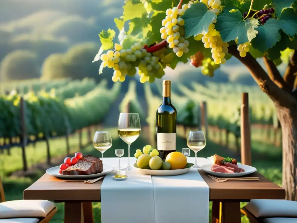 Un elegante maridaje de asado con Albariño en una mesa al aire libre con viñedos de verano de fondo