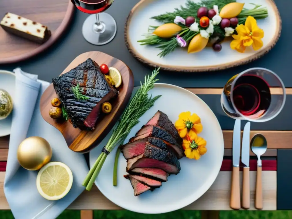 Una elegante mesa de madera lista para un sofisticado maridaje vinos achuras morcillas asado en exteriores