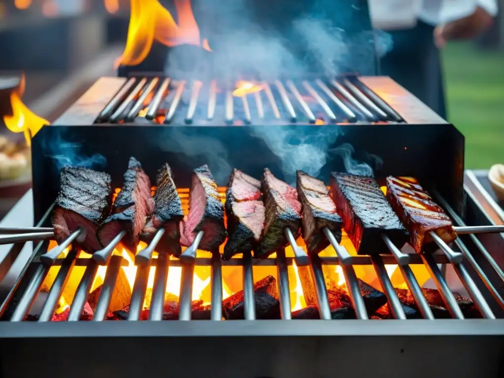 Embrujadora parrilla uruguaya iluminada por brasas, resaltando cortes de carne