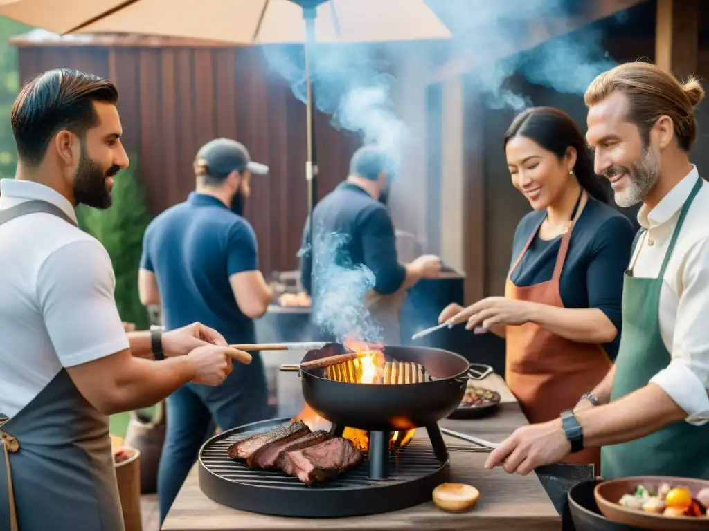 Un emocionante curso presencial técnicas ahumado asado con participantes inmersos en la experiencia culinaria al aire libre al atardecer