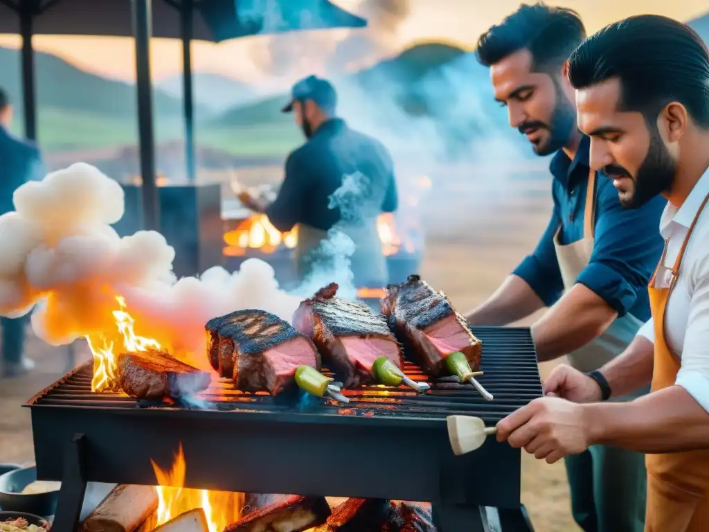 Emocionante meetup de aficionados al asado en Uruguay, con parrilleros entusiasmados cocinando carne en una parrilla al aire libre al atardecer