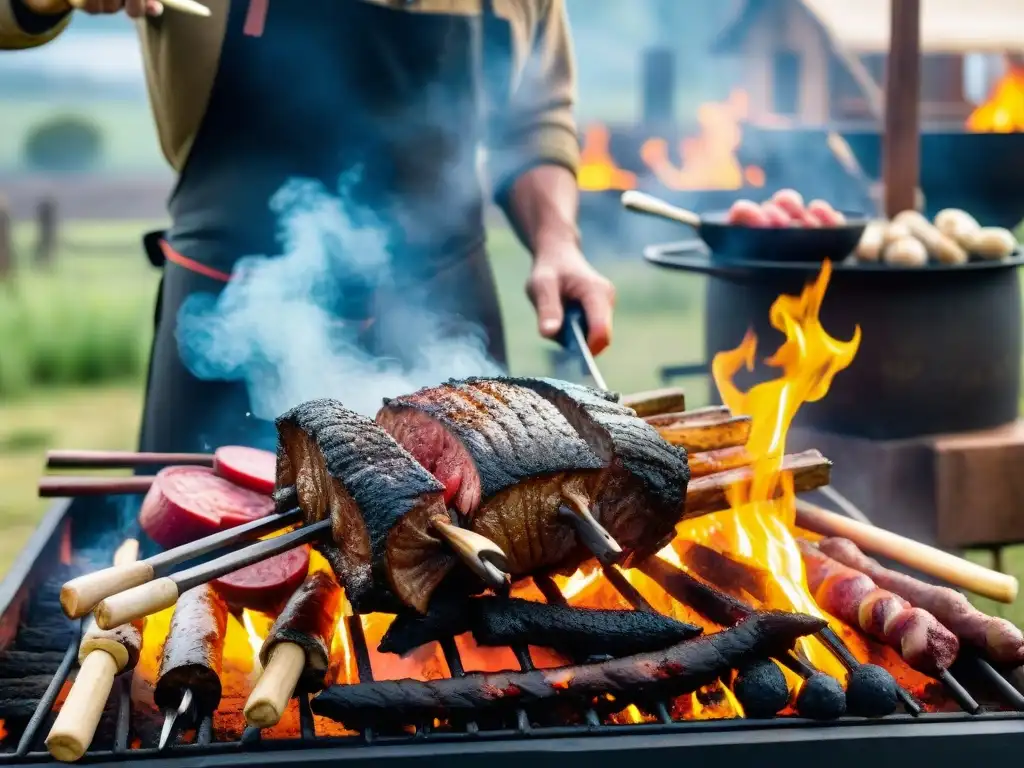 Una emotiva escena de la historia del asado uruguayo: gauchos preparando carne y verduras sobre brasas en el campo