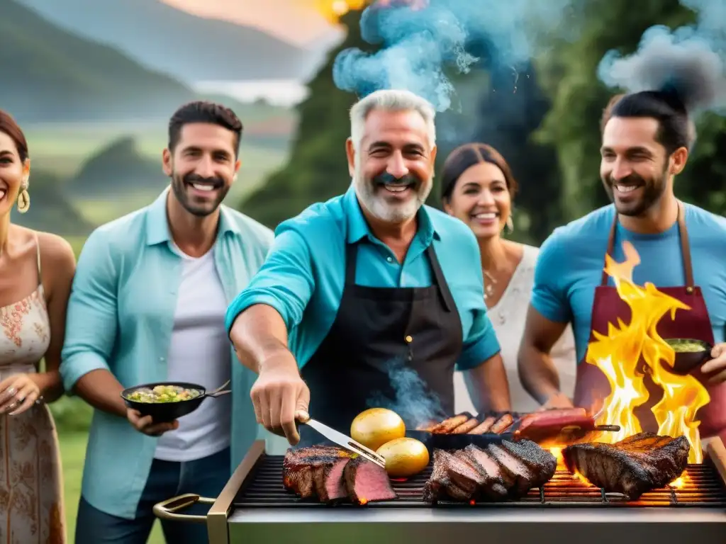 Un emotivo encuentro de meetups aficionados al asado en Uruguay, con amigos disfrutando de una parrillada al aire libre