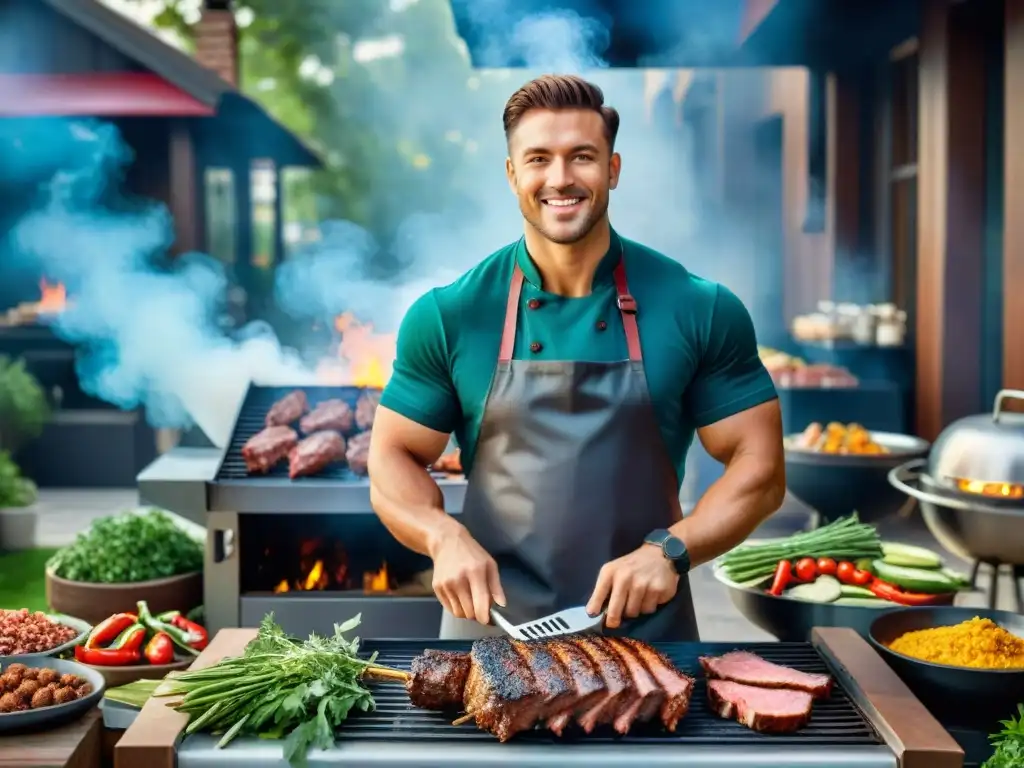 Un emprendedor apasionado frente a una parrilla, rodeado de ingredientes frescos, creando un ambiente cálido y acogedor