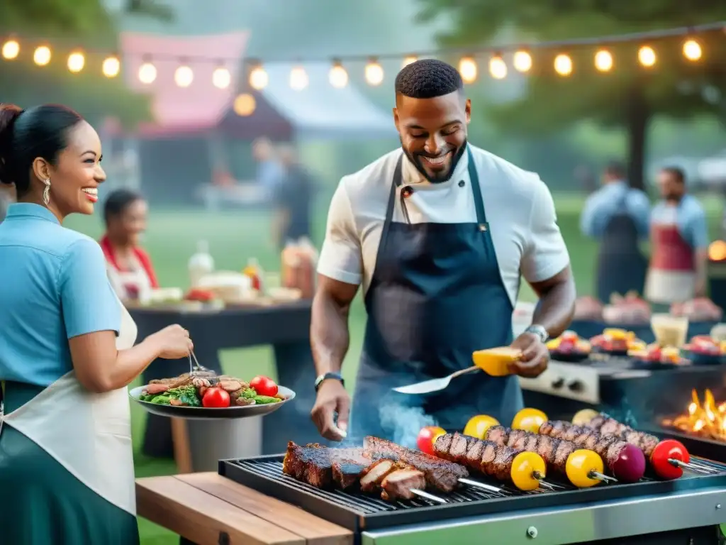 Un emprendimiento gastronómico de asados reúne a personas diversas en un animado evento al aire libre