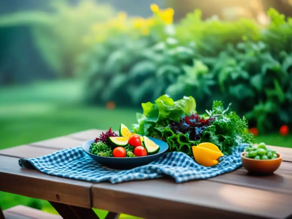 Un jardín encantador con mesa de picnic lista para un asado ligero, ideal para mejorar la digestión