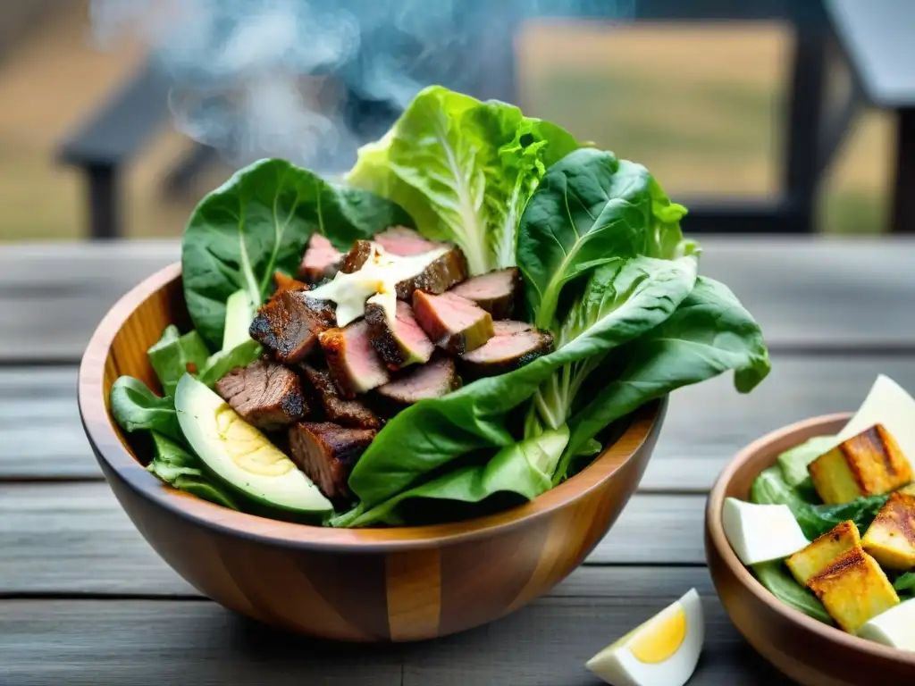 Ensalada César asado uruguayo: una escena sabrosa con lechuga, carne, crutones, queso y aderezo bajo el sol del asado