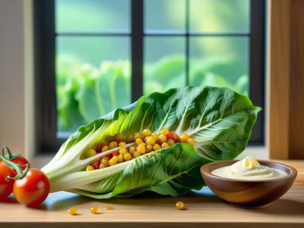 Ensalada César asado uruguayo: hoja de lechuga romana verde brillante con aderezo cremoso, textura y luz cálida en la cocina