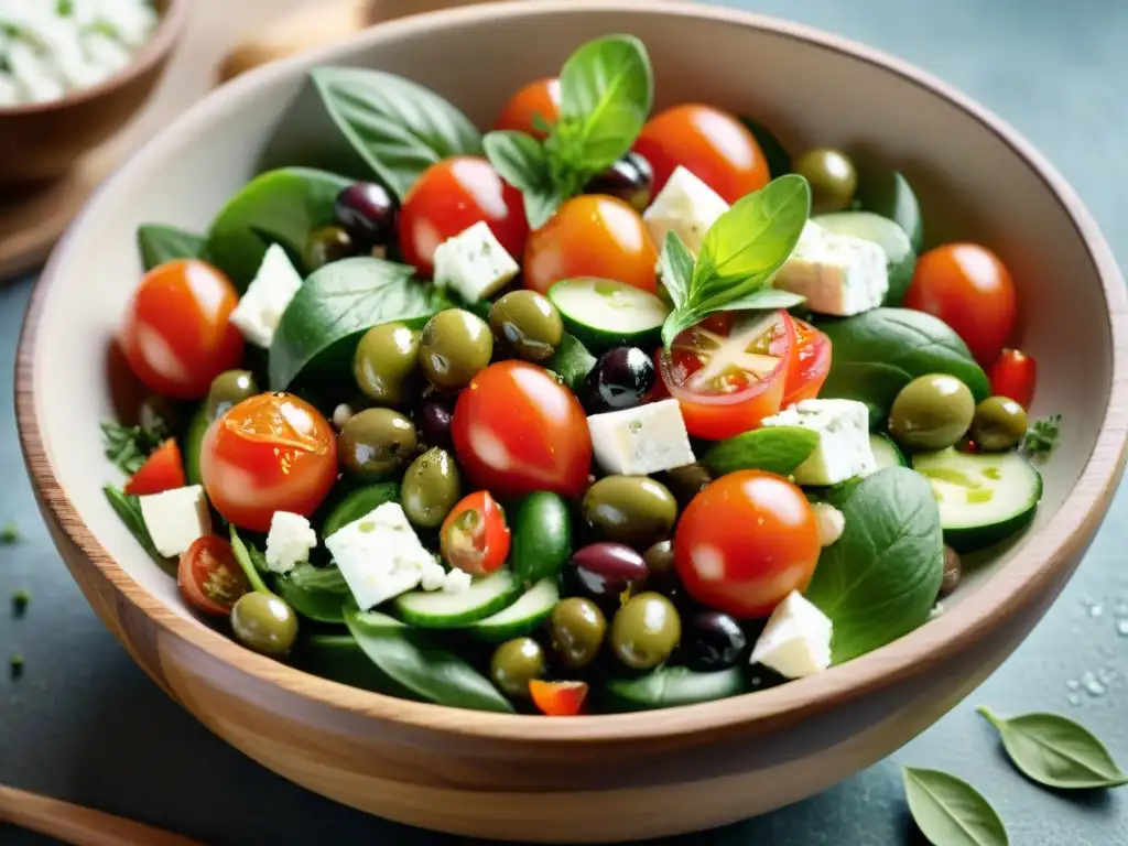 Una ensalada griega fresca y colorida en un tazón de madera rústico, con tomates, pepinos, aceitunas, queso feta y hierbas, evocando sabores mediterráneos