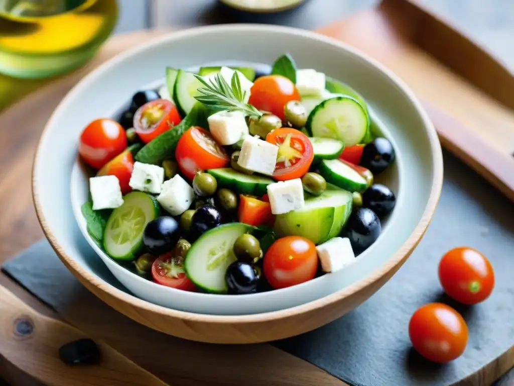 Ensalada griega con ingredientes frescos sobre mesa rústica iluminada por el sol