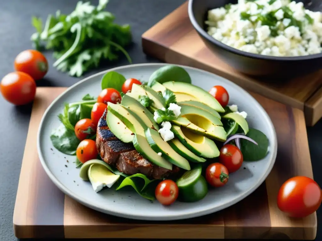 Una ensalada perfecta para asado uruguayo, con ingredientes frescos y coloridos sobre una mesa rústica