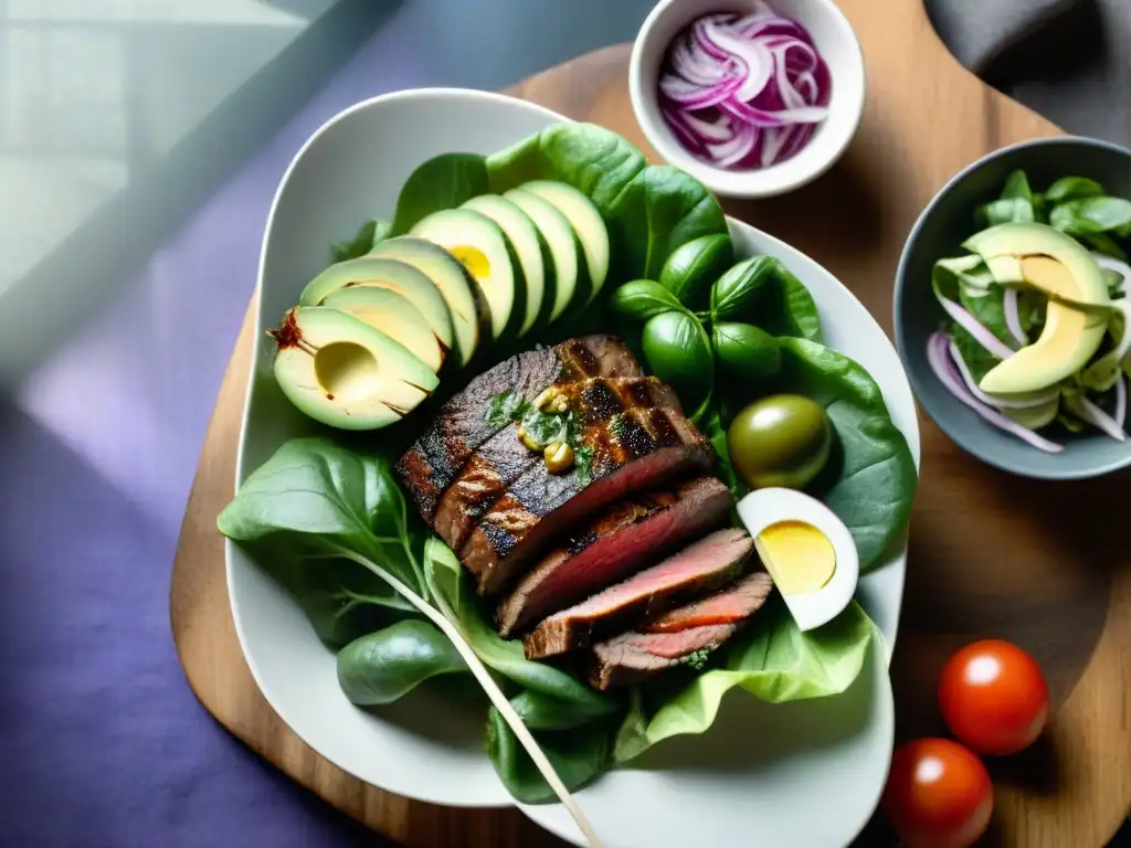 Una ensalada perfecta para asado uruguayo, con ingredientes frescos y coloridos sobre una mesa rústica