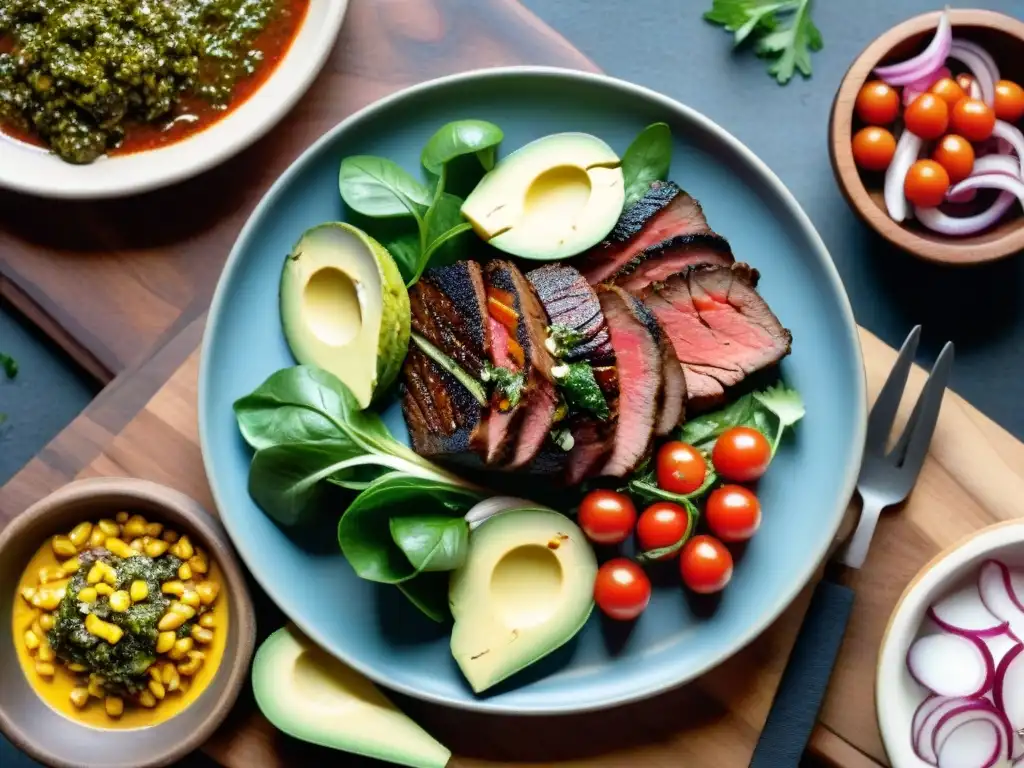 Una ensalada perfecta para asado uruguayo con ingredientes frescos y coloridos en una mesa rústica de madera