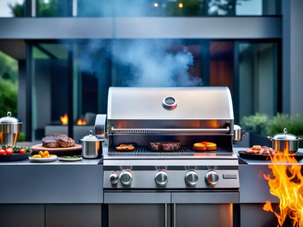 Un entorno de cocina al aire libre futurista con tecnologías emergentes en parrillas, iluminado por una suave luz ambiental al anochecer