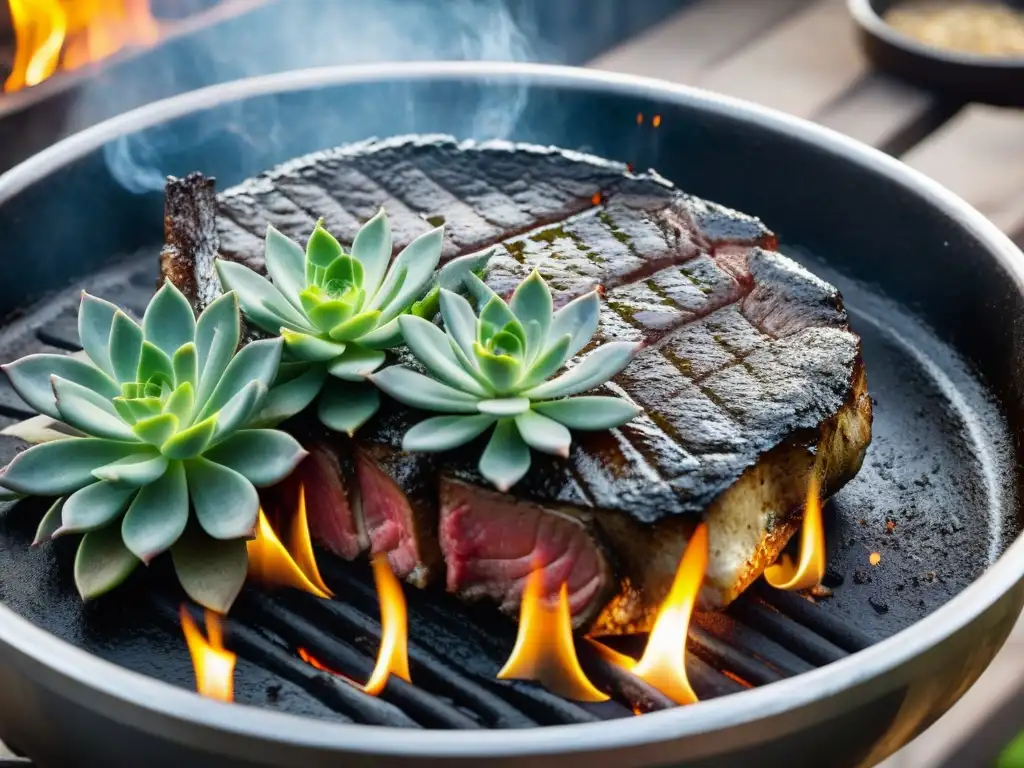 Una entraña de asado uruguayo perfecta sizzling sobre la parrilla, con chimichurri y vegetales asados en un entorno rústico