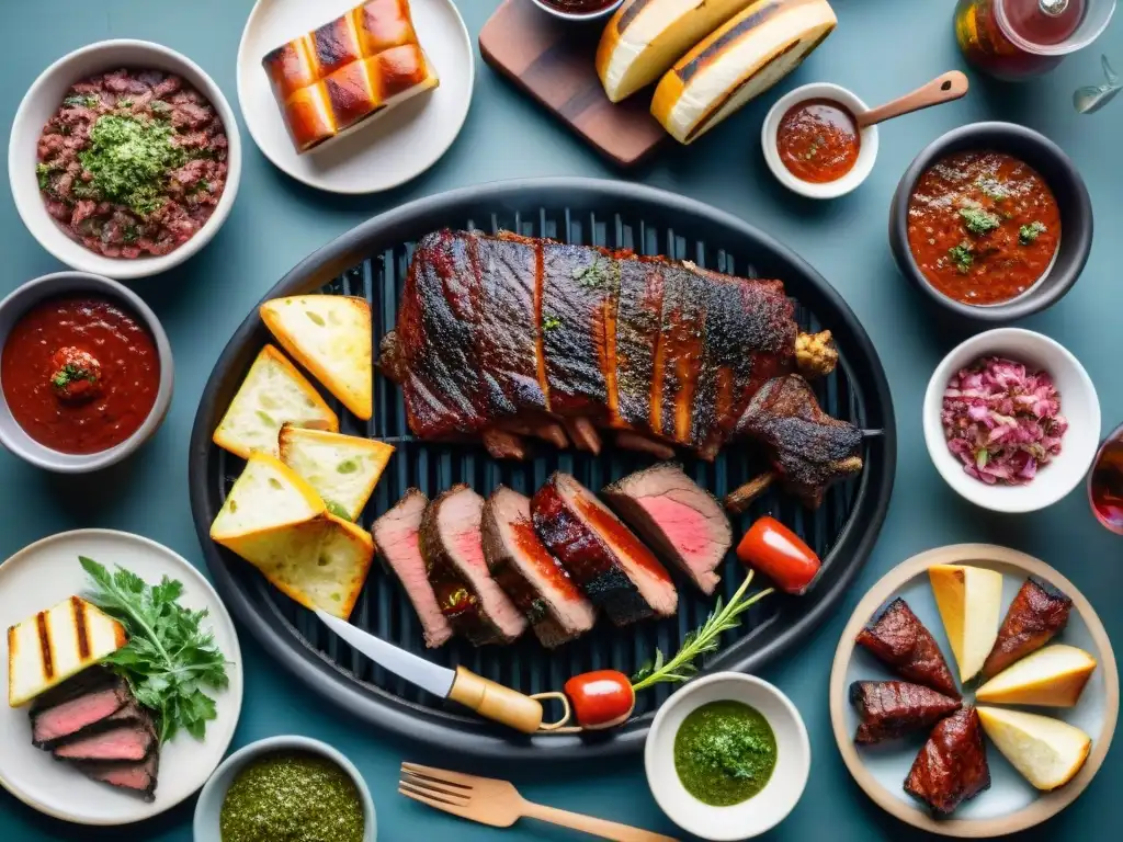 Equilibrio visual en asado uruguayo: parrillada perfectamente cocida rodeada de alimentos y vino tinto en mesa rústica