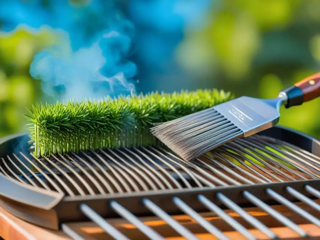 Limpiar equipamiento de asado: Cepillando con cuidado la parrilla de acero inoxidable, reflejando un cielo azul y árboles verdes