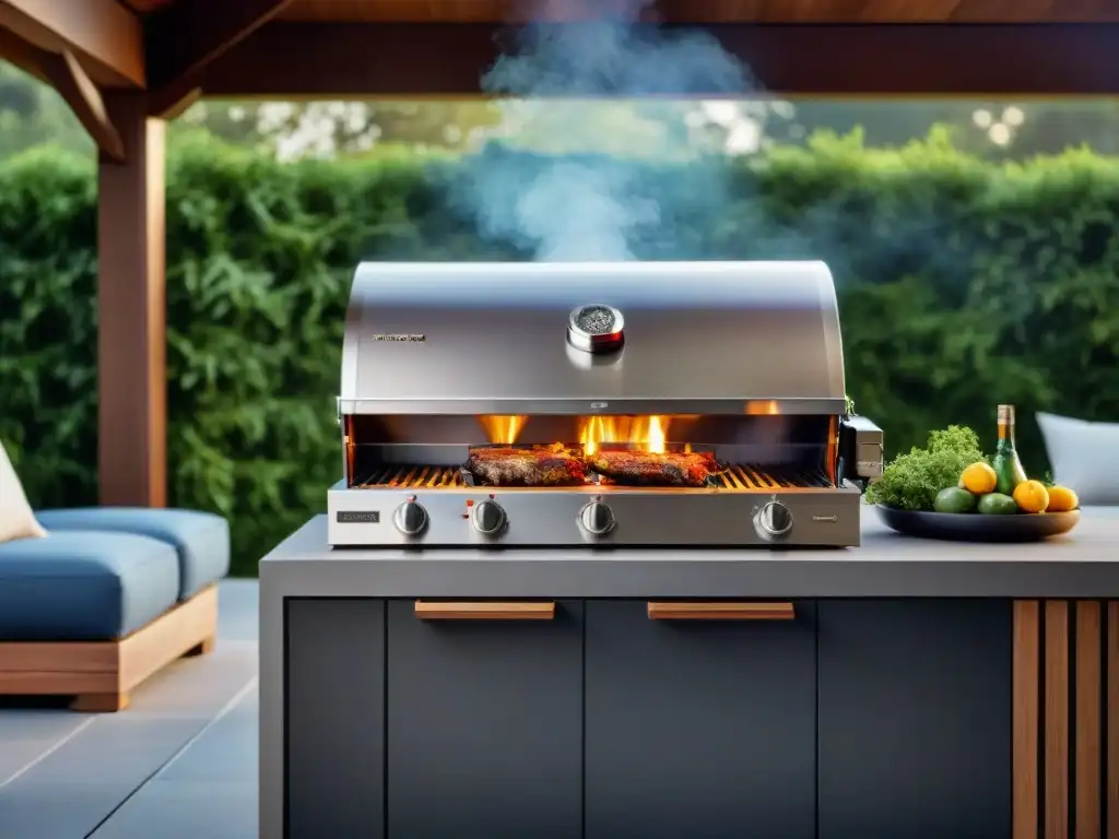 Equipamiento para Asado 2023: Parrilla moderna de acero inoxidable con tecnología avanzada en un patio elegante y lujoso