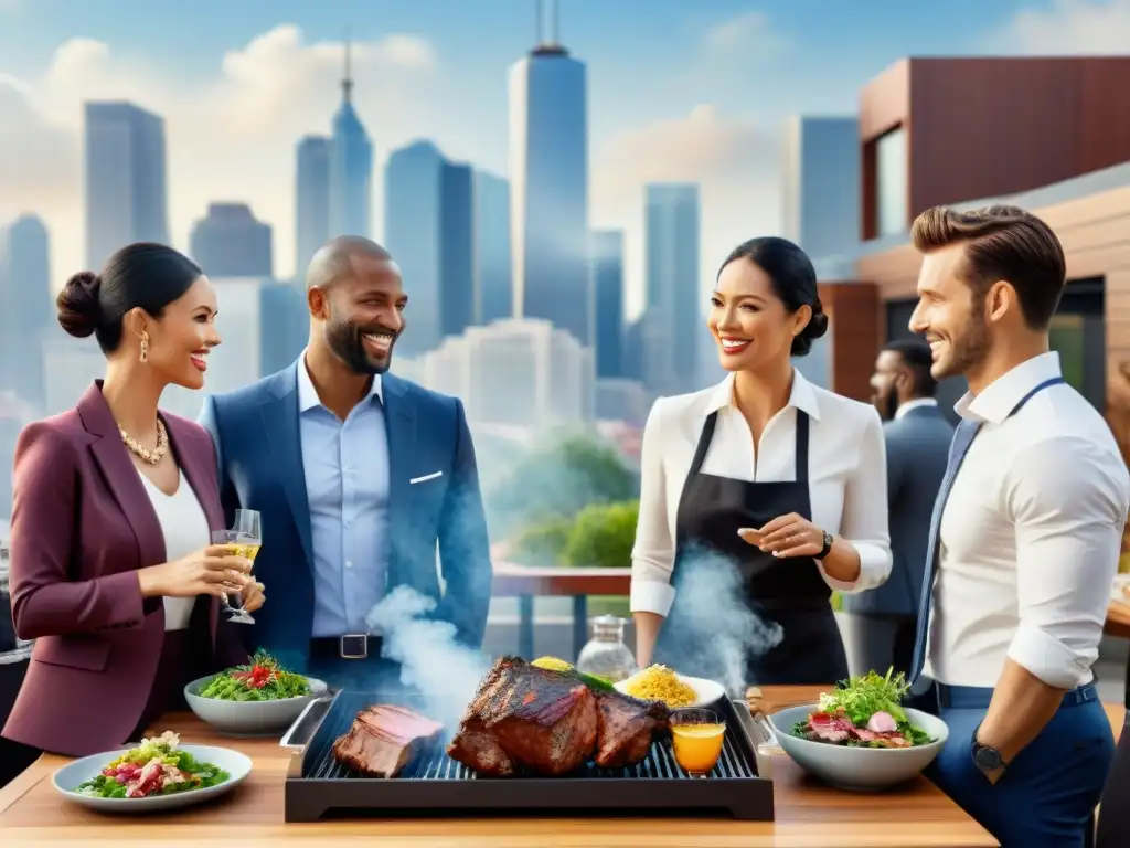 Un equipo diverso de profesionales en trajes de negocios disfruta de un asado en una terraza soleada, con vista a la ciudad