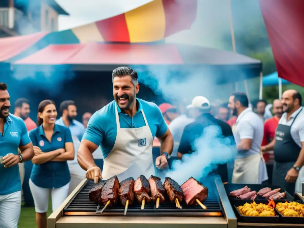 Equipo de parrilleros apasionados compitiendo en un vibrante concurso de asado en Uruguay