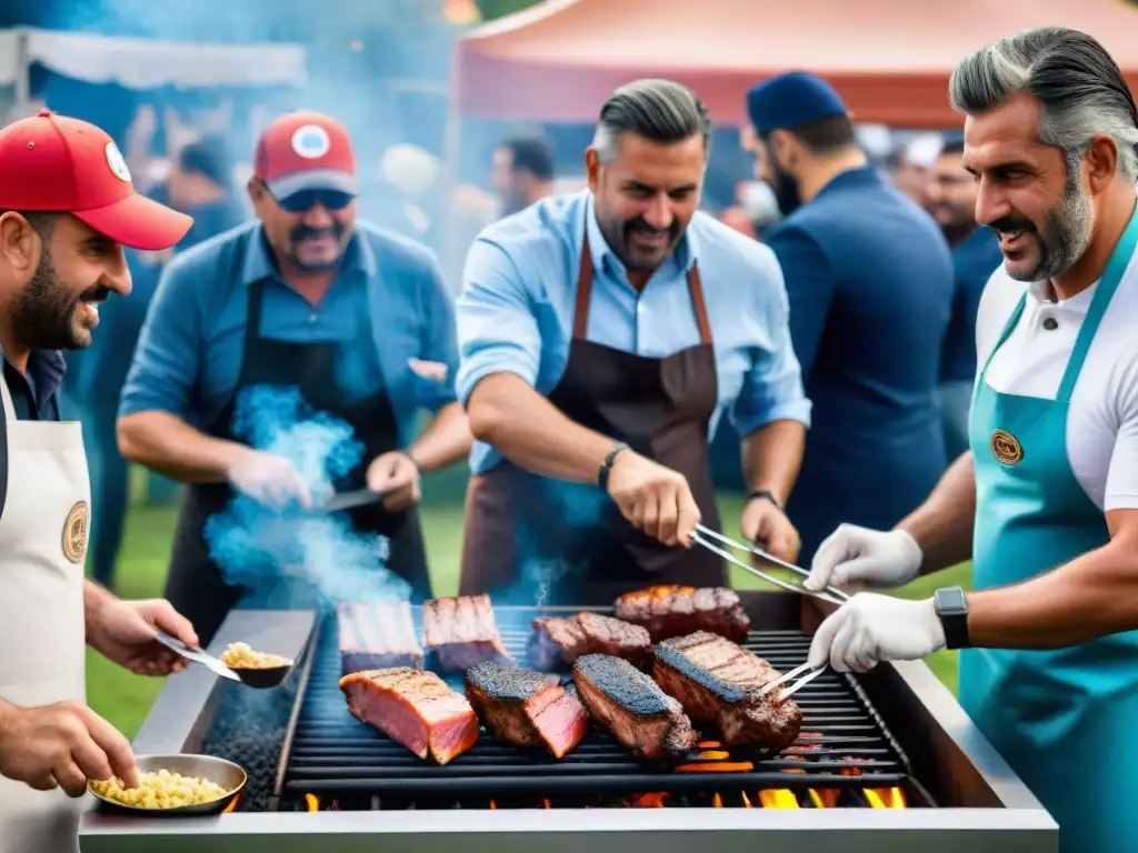 Equipo de parrilleros expertos compitiendo en vibrante concurso de asado en Uruguay