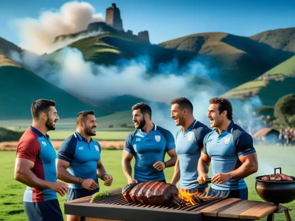 Equipo de rugby disfrutando de un asado uruguayo mientras conectan con la pasión por el deporte