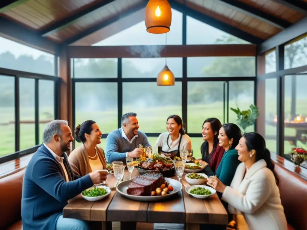 Una escena acogedora de un asado en interiores en días lluviosos con amigos y familia disfrutando de suculentos platos uruguayos