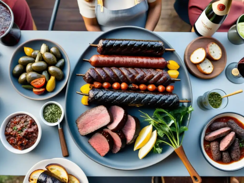 Una escena acogedora de un asado uruguayo tradicional con mesa rústica y variedad de carne y vegetales a la parrilla, acompañados de chimichurri y vino Tannat bajo luces cálidas