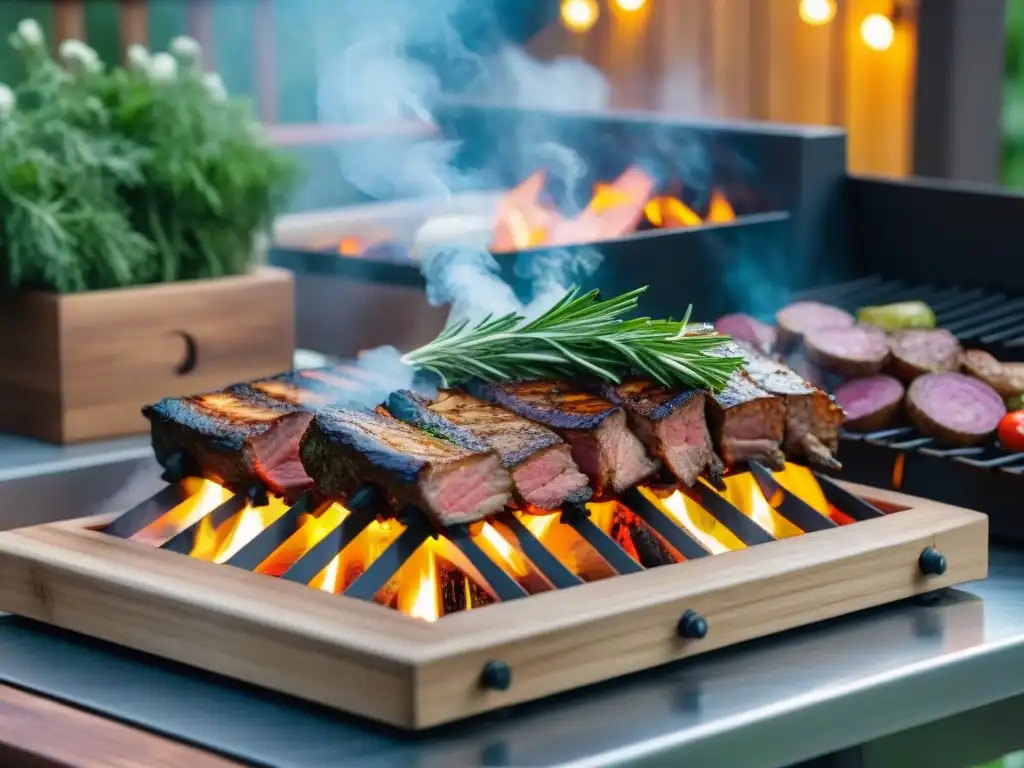 Escena acogedora de asados con cortes de carne en espacios reducidos y hierbas frescas en patio iluminado