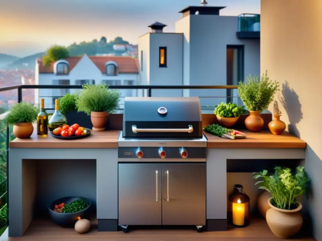 Escena acogedora de cocina al aire libre en balcón urbano con técnicas de asado en espacio limitado