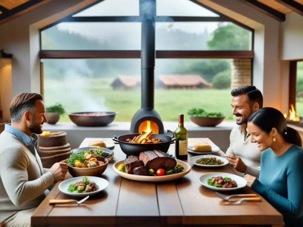 Una escena acogedora en interiores con amigos disfrutando un asado en un día lluvioso, iluminados por la chimenea