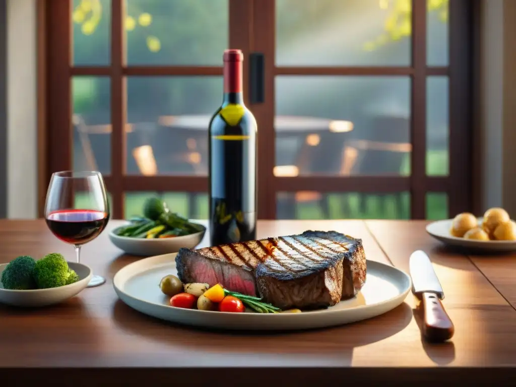 Escena acogedora de maridaje de asado y vino en una mesa rústica, bañada por cálida luz natural