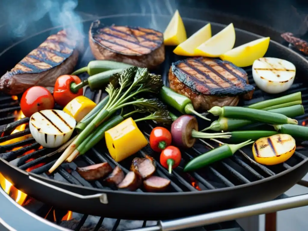 Una escena acogedora de vegetales y carnes asadas, glistening con aceite de oliva, creando una atmósfera apetitosa