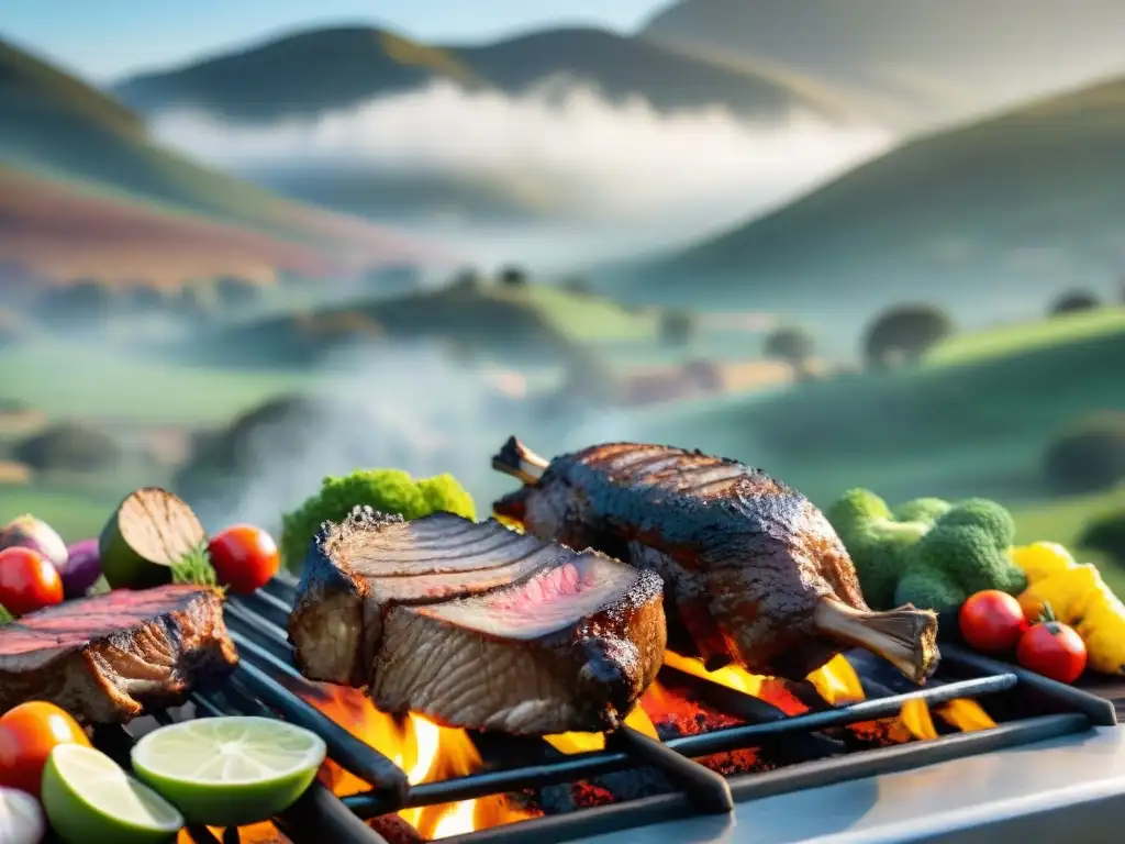 Escena de barbacoa al aire libre con las mejores carnes exóticas para asado sizzling en la parrilla, rodeadas de paisaje campestre pintoresco