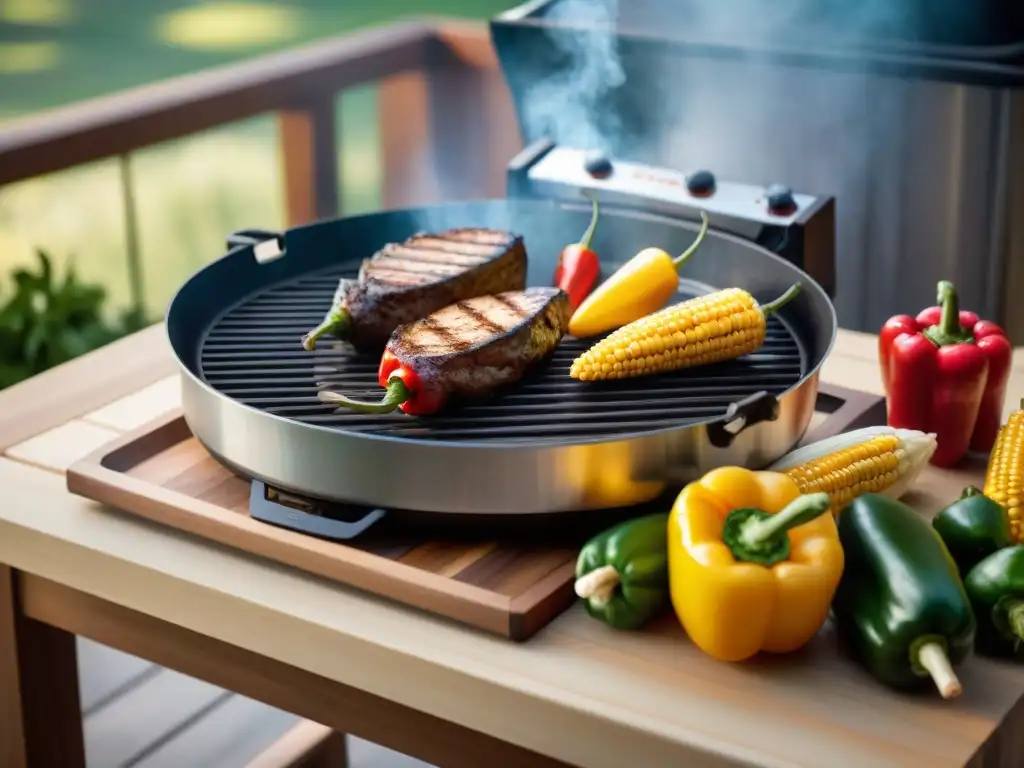 Una escena al aire libre con una parrilla portátil de calidad en una mesa de madera, rodeada de ingredientes frescos bajo la cálida luz del sol