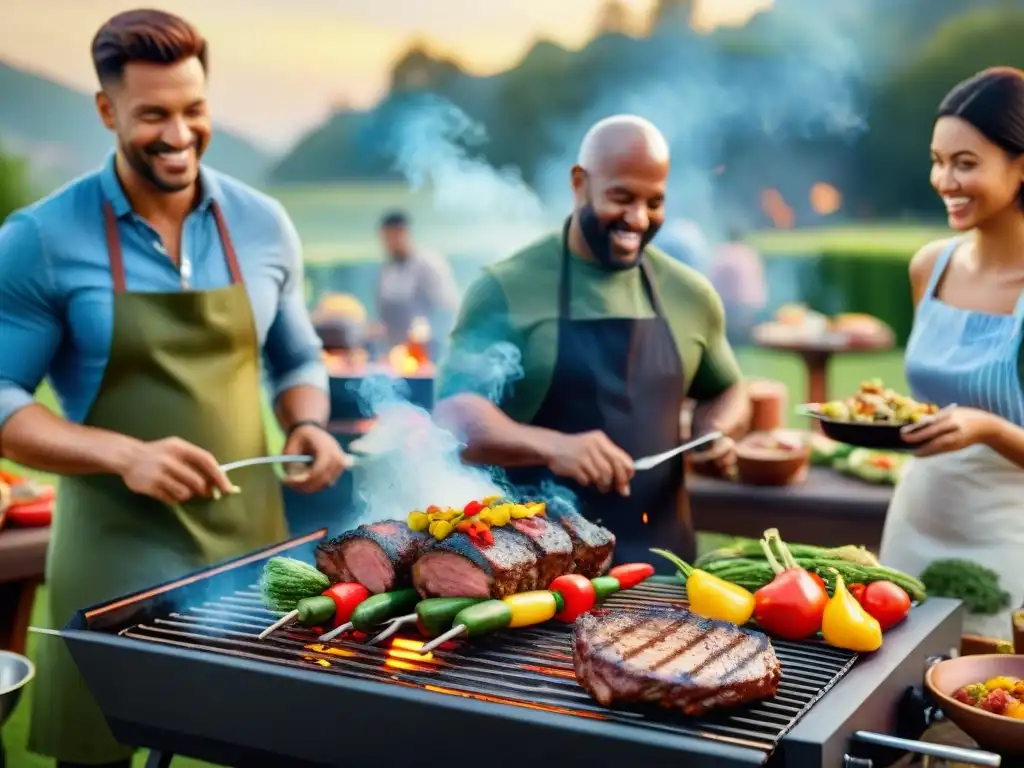 Una escena de barbacoa al aire libre vibrante con ingredientes saludables y personas felices