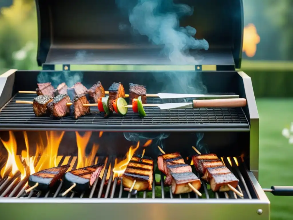 Una escena de barbacoa al aire libre vibrante con accesorios premium brillantes, en un jardín verde al atardecer