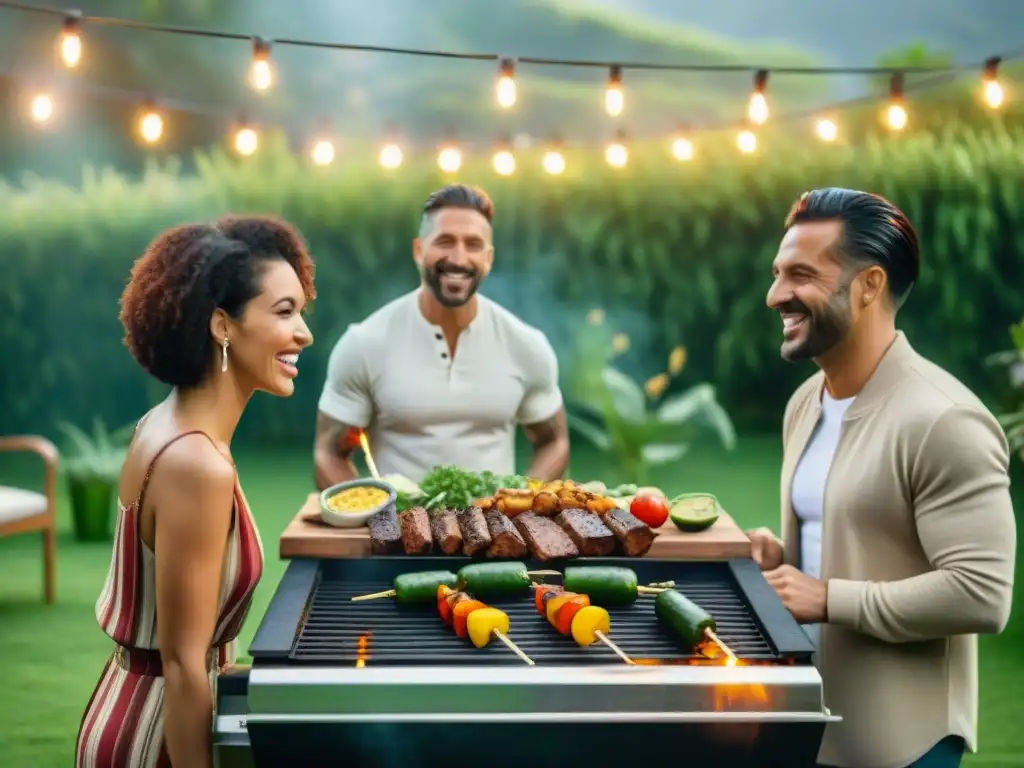 Una escena alegre de amigos disfrutando de un asado vegetariano y vegano en un jardín de Uruguay