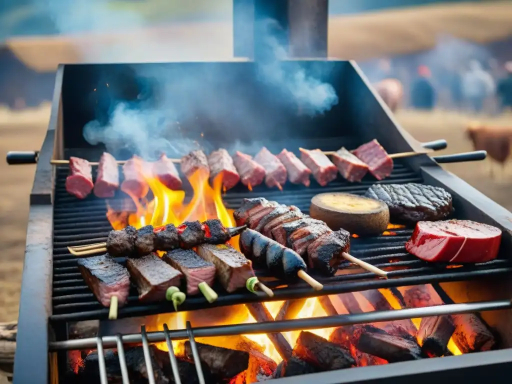 Una escena ancestral del asado uruguayo con brasas ardientes y cortes de carne en la parrilla, gauchos y humo, en un ambiente campestre