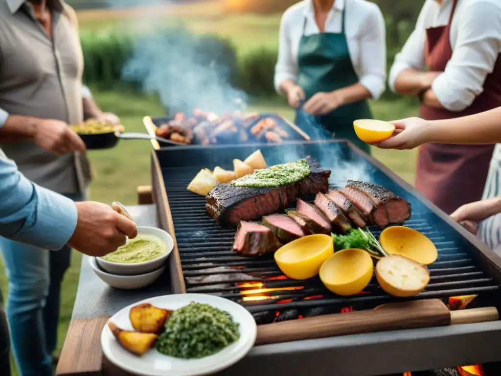 Una escena de anécdotas alrededor de un asado uruguayo, en un ambiente campestre con amigos y familia compartiendo momentos especiales