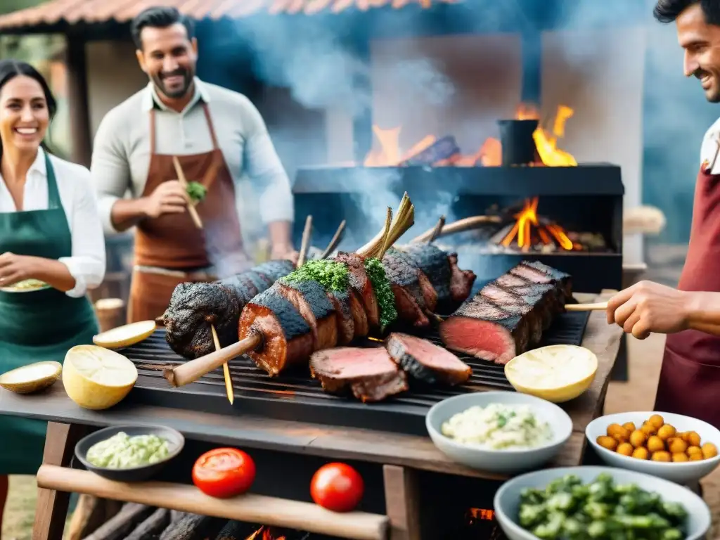 Una escena animada de amigos y familia disfrutando de un tradicional asado uruguayo al aire libre, reflejando el origen y tradición del asado