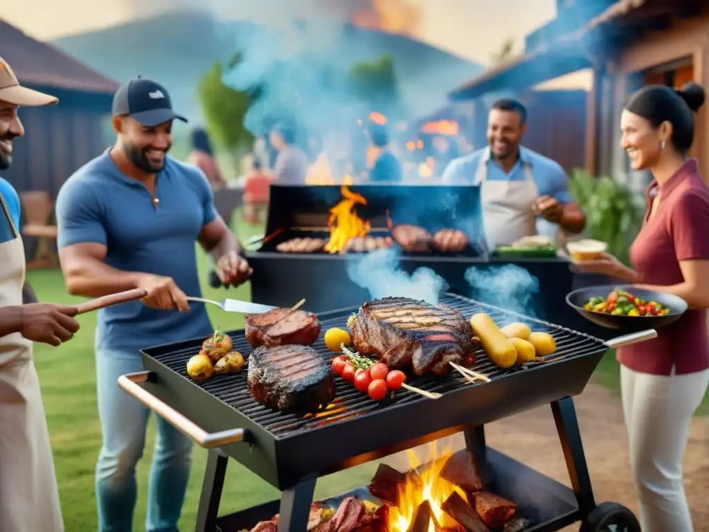 Una escena animada de asado al aire libre con una variedad de carnes y verduras a la parrilla