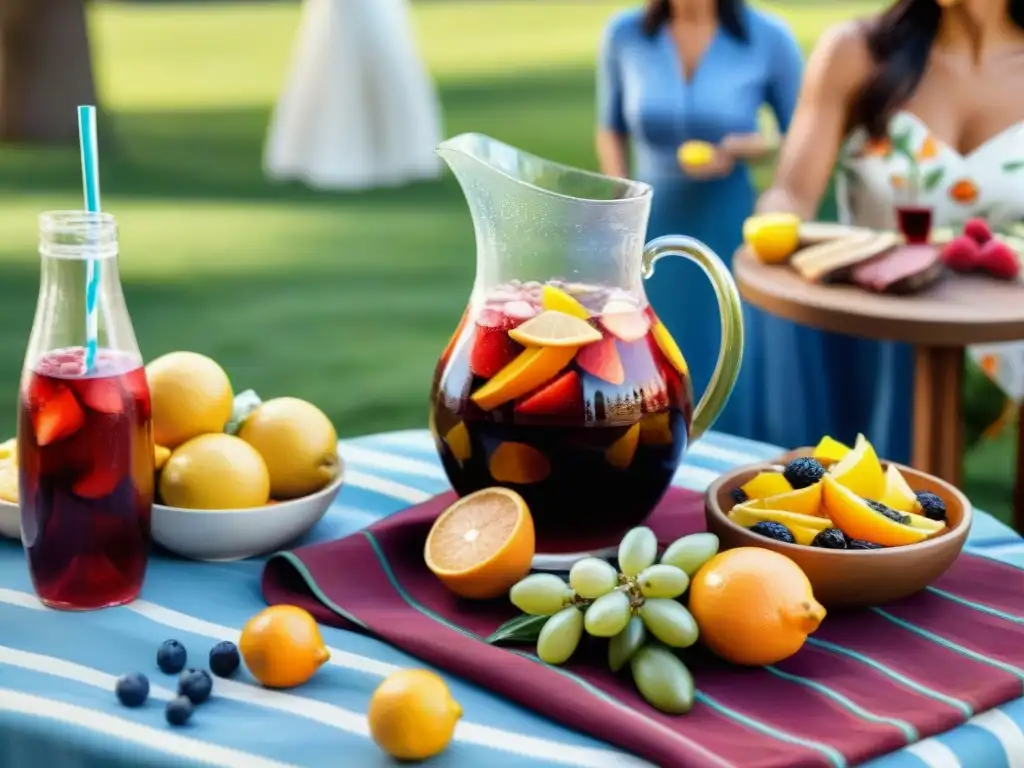 Una escena animada de un asado al aire libre con sangría casera y frutas frescas bajo el sol, rodeada de amigos y familiares felices