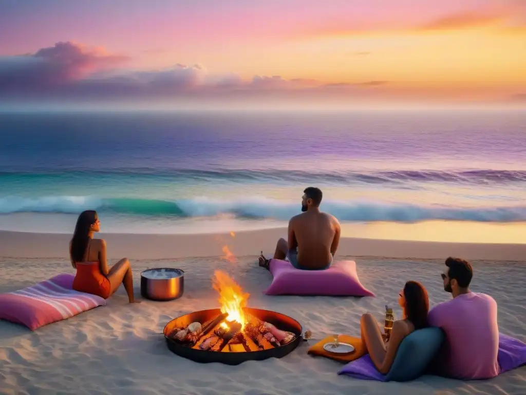 Una escena animada de asado en la playa al atardecer entre amigos, con una parrilla grande y colorida