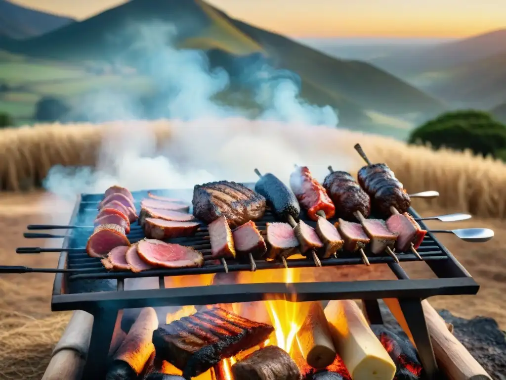 Una escena animada de un asado uruguayo tradicional en progreso, con diversidad de carnes cocinándose en la parrilla sobre brasas calientes