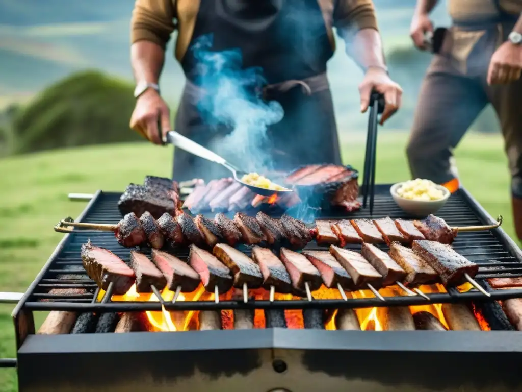 Una escena animada de un asado uruguayo tradicional al aire libre, con técnicas de asado uruguayo tradicionales en pleno uso